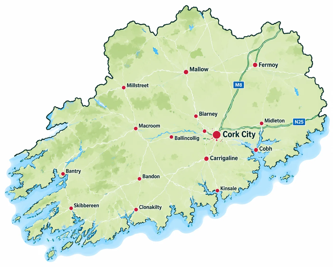 Illustrated map of Cork showing Cork City and service towns including Ballincollig, Macroom, Mallow, Fermoy, Midleton, Cobh, Carrigaline, Kinsale, Bandon, Clonakilty, Skibbereen and Bantry.